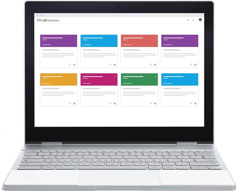 A Chromebook displays the Classroom interface showing various classes.